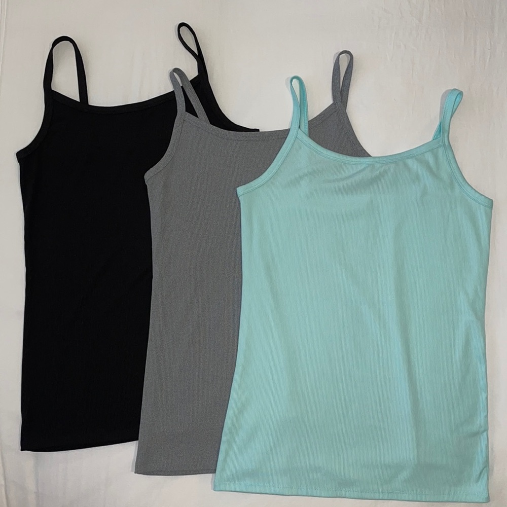 3 Ribbed tank tops Grey Black Green/Blue Sz Large